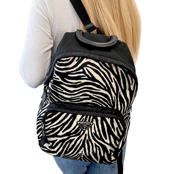 PRADA Vintage Logo Zebra Backpack Zip Mesh Black White Nylon Leather [105240] - Picture 1 of 13
